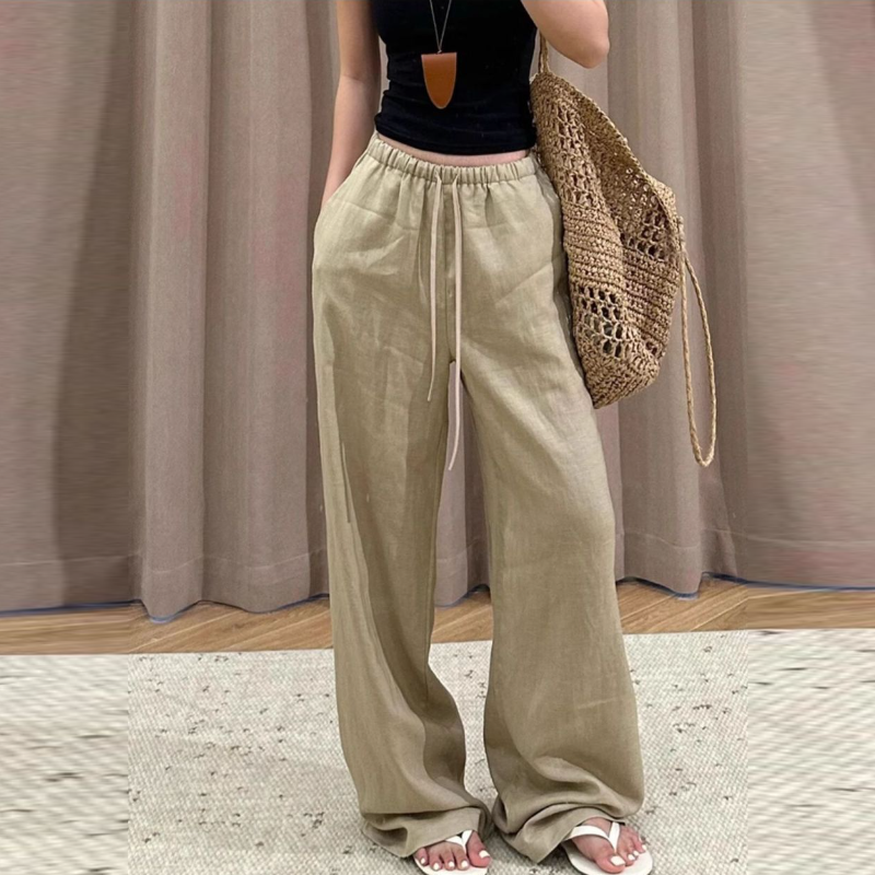 藏青亞麻混紡涼感寬褲 夏季高腰 垂墜感 直筒寬鬆 顯瘦長褲