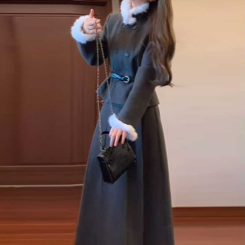 一整套OOTD穿搭復古高級感毛毛領外套百褶半身裙兩件套裝尾牙穿超好看