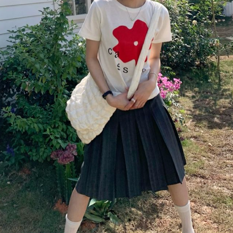 條紋百褶A字裙 高腰顯瘦 中長裙 韓系百搭