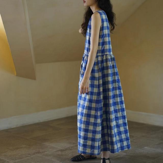 簡約．藍色格子無袖連身裙