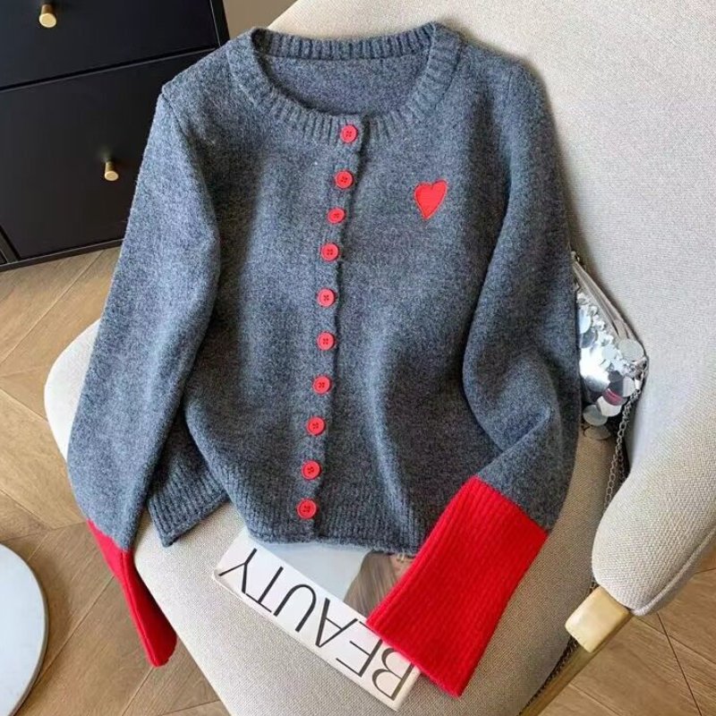 撞色袖口設計針織開衫 柔軟內搭 高級灰毛衣