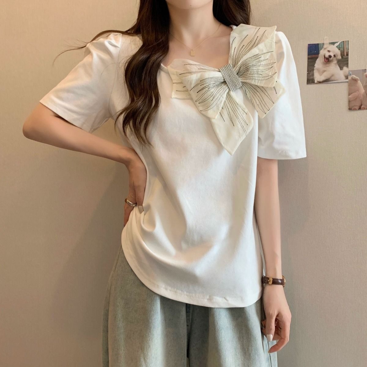 M-4XL蝴蝶結黑色短袖小方領T恤女設計感小眾氣質減齡上衣