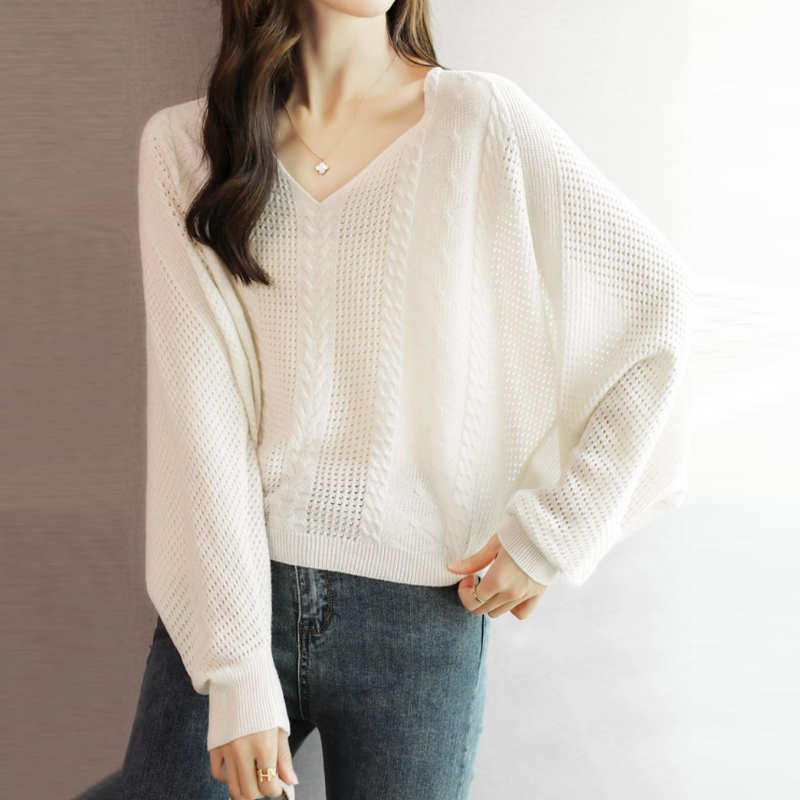 寬鬆蝙蝠袖洞洞毛衣 V 領鏤空針織上衣 韓系休閒