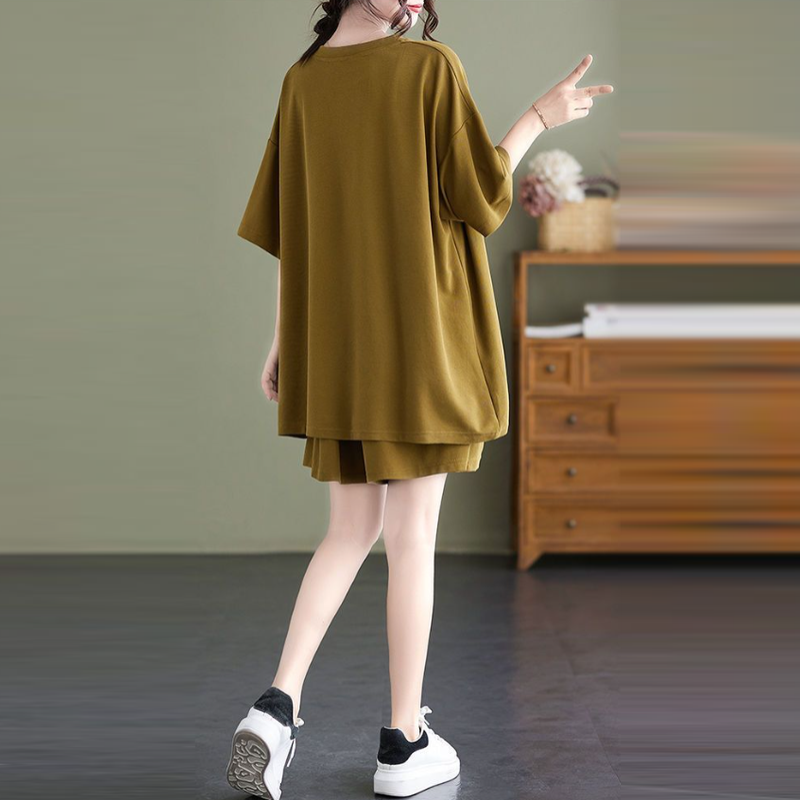 大尺碼素色短袖短褲兩件套 寬鬆顯瘦休閒家居套裝