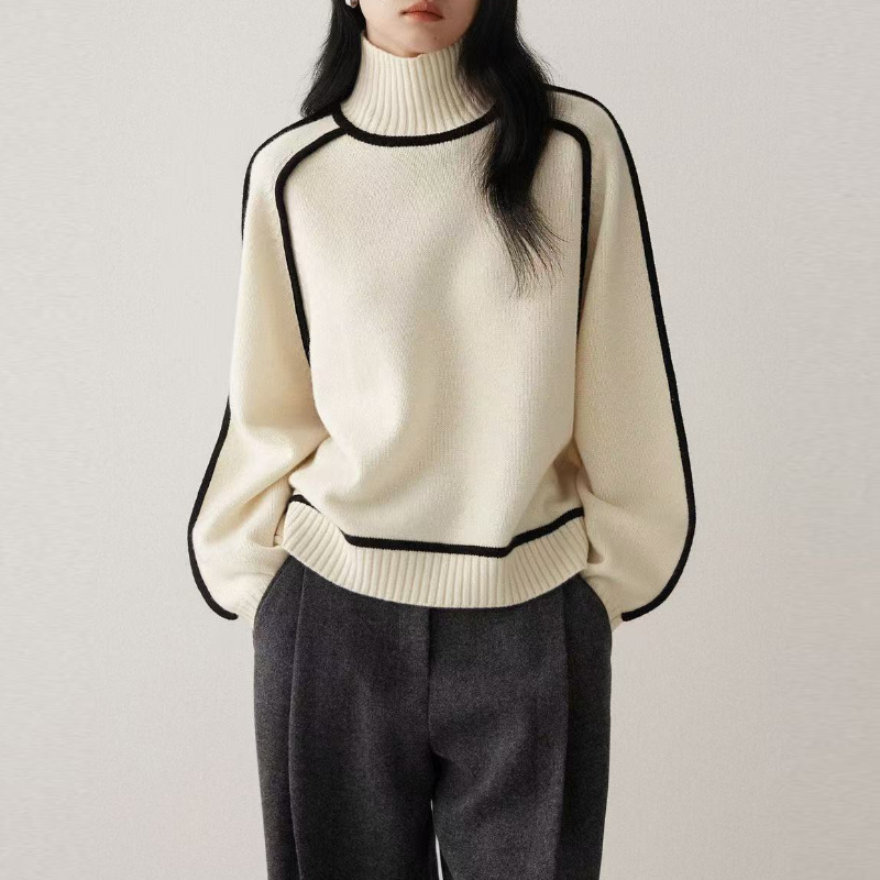 高領插肩針織毛衣 法式感燈籠袖 滾邊設計 寬鬆版型