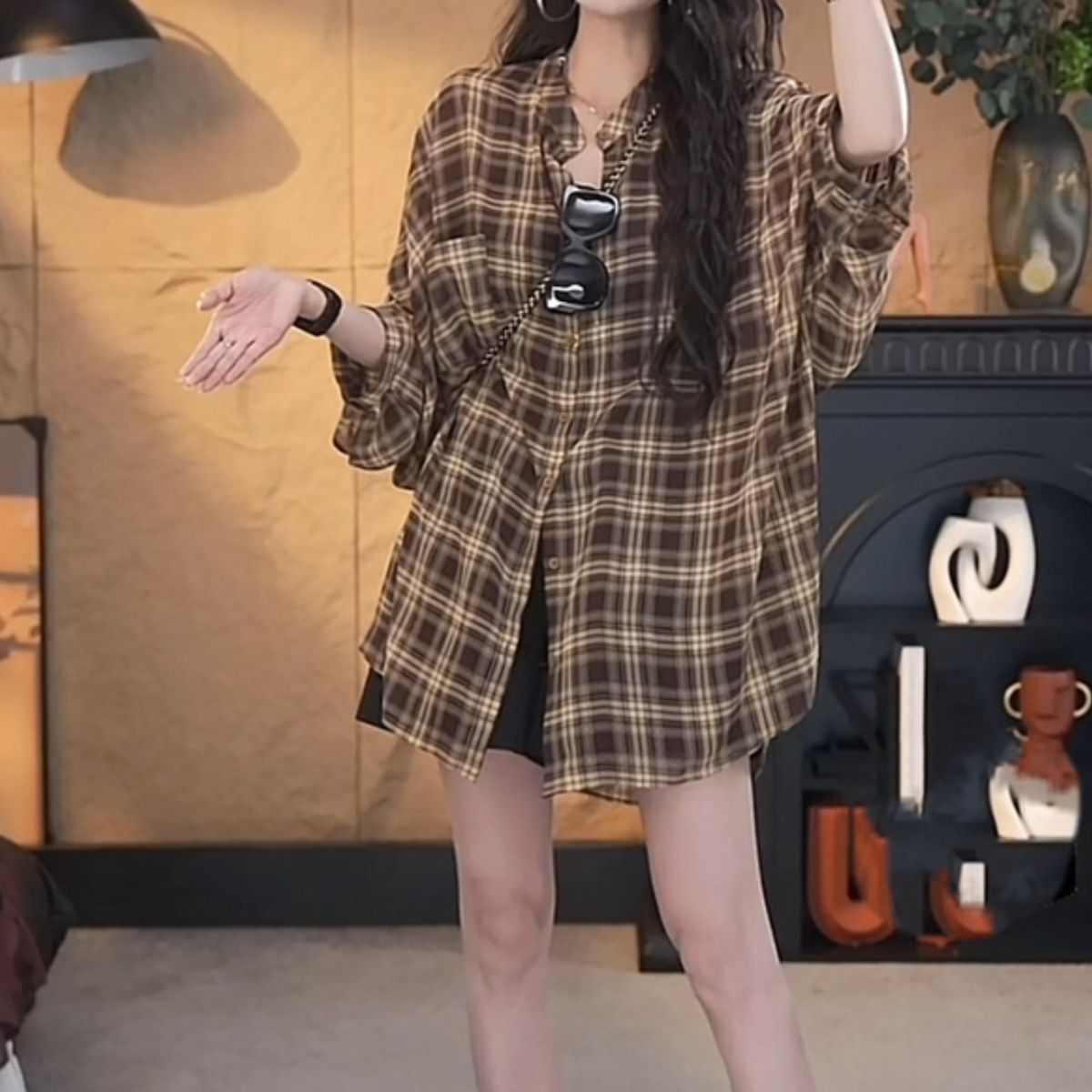 復古格紋寬鬆防曬襯衫外套 七分袖長版休閒款