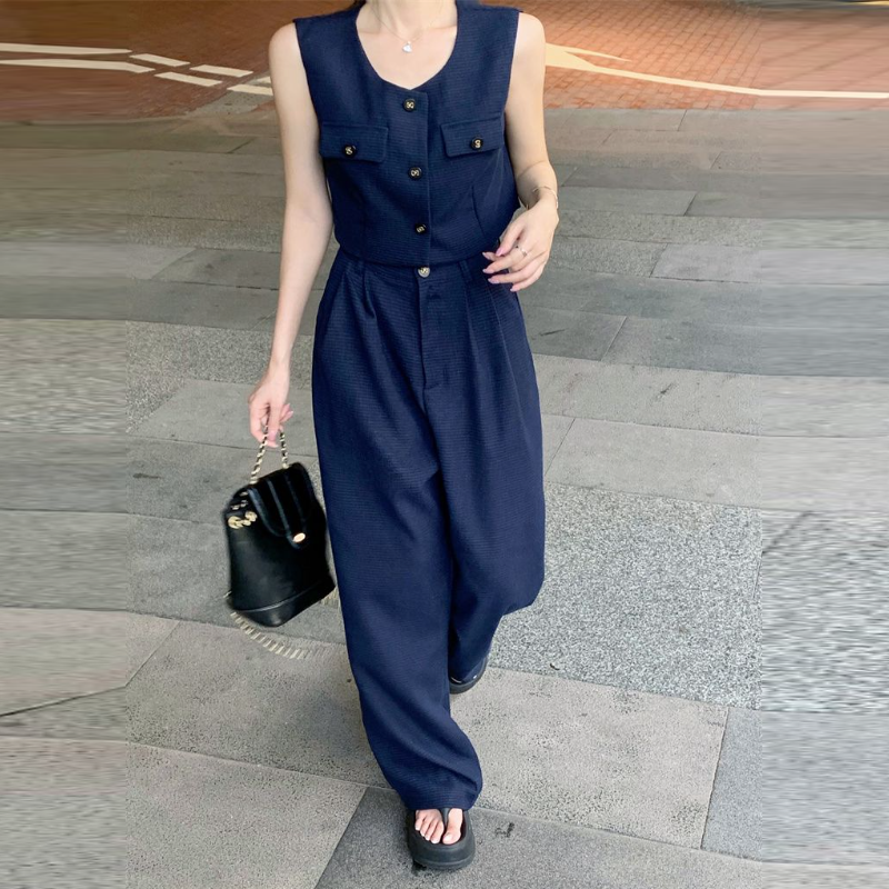 韓系兩件式套裝 無袖背心上衣＋寬褲 垂墜感 寬鬆顯瘦 外穿有型