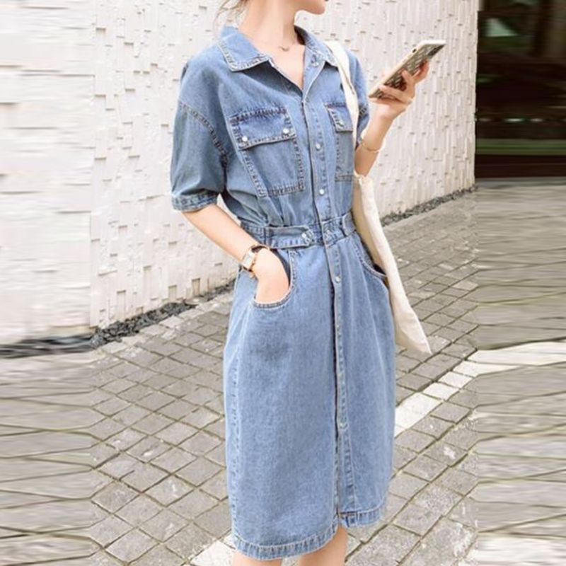 甜美日系收腰牛仔連身裙 顯瘦氣質中長A字裙