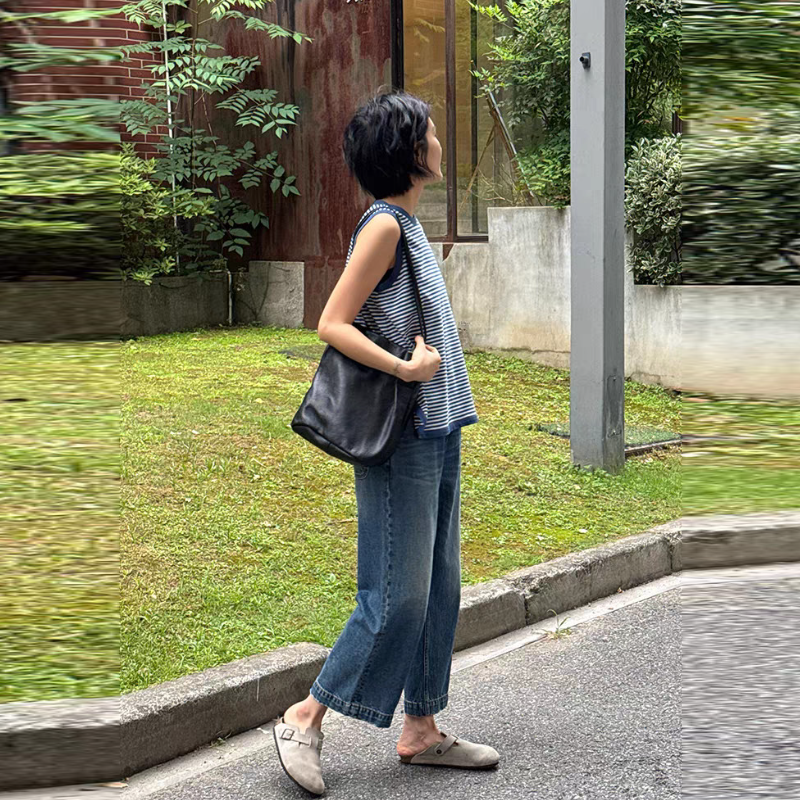 日系條紋無袖背心 圓弧下擺設計 寬鬆休閒上衣