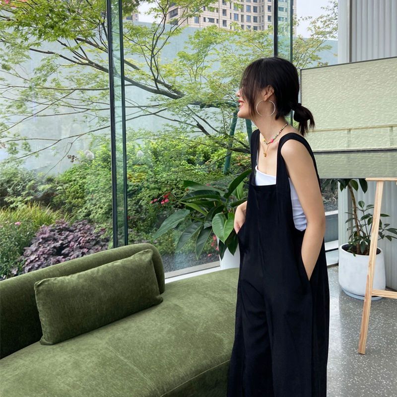 簡約方領連身吊帶寬褲 氣質減齡元氣背帶寬褲連身褲