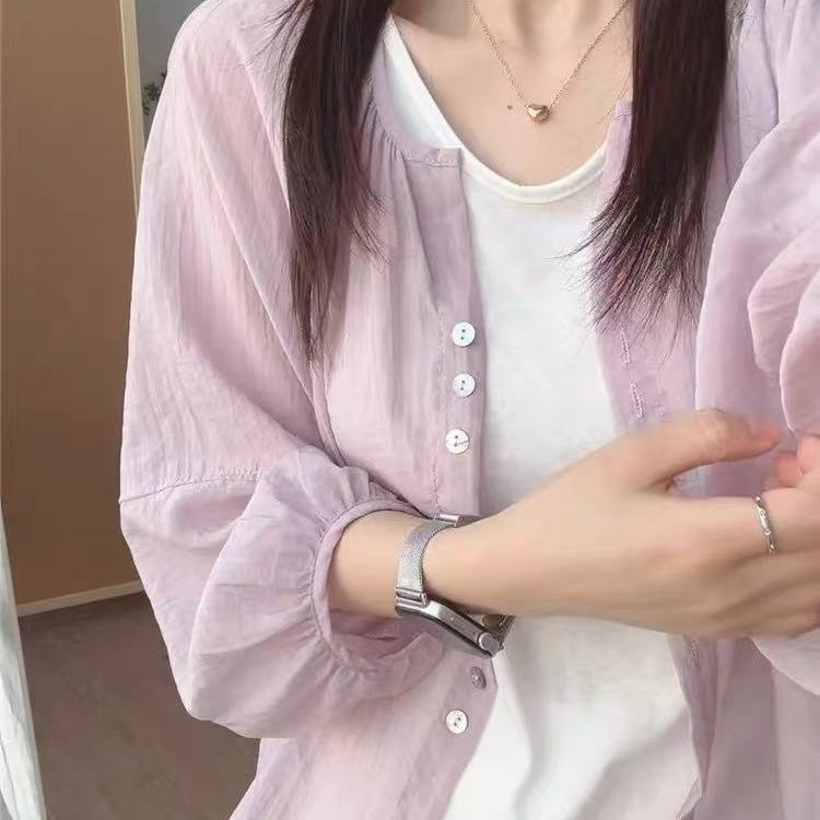 韓系雪紡開襟罩衫 輕薄防曬 寬鬆疊穿 圓領排釦 蓬袖