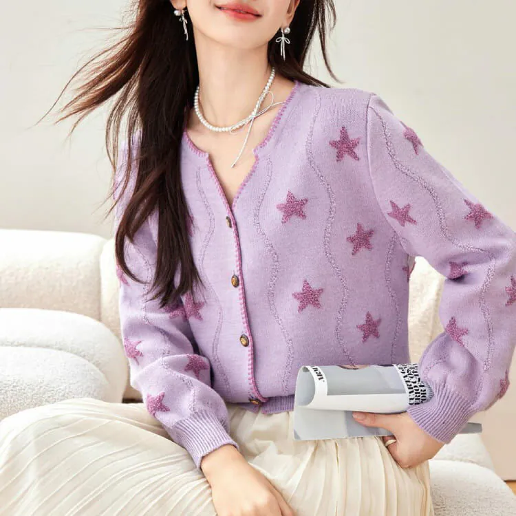 春秋溫柔紫圓領針織衫上衣