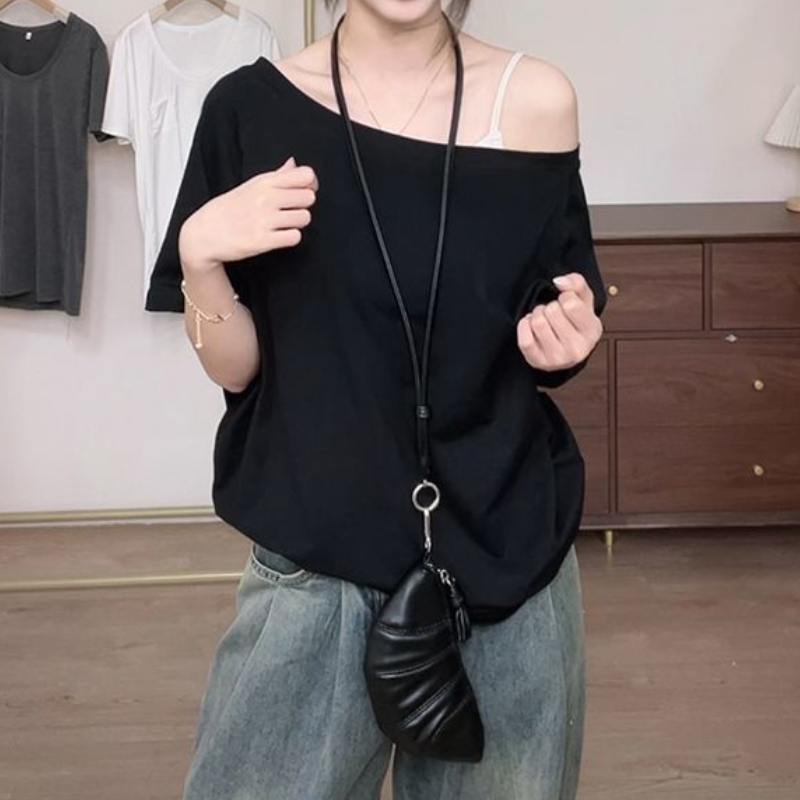 純欲韓系設計感斜肩短袖t恤 寬鬆顯瘦氣質剪裁直角肩