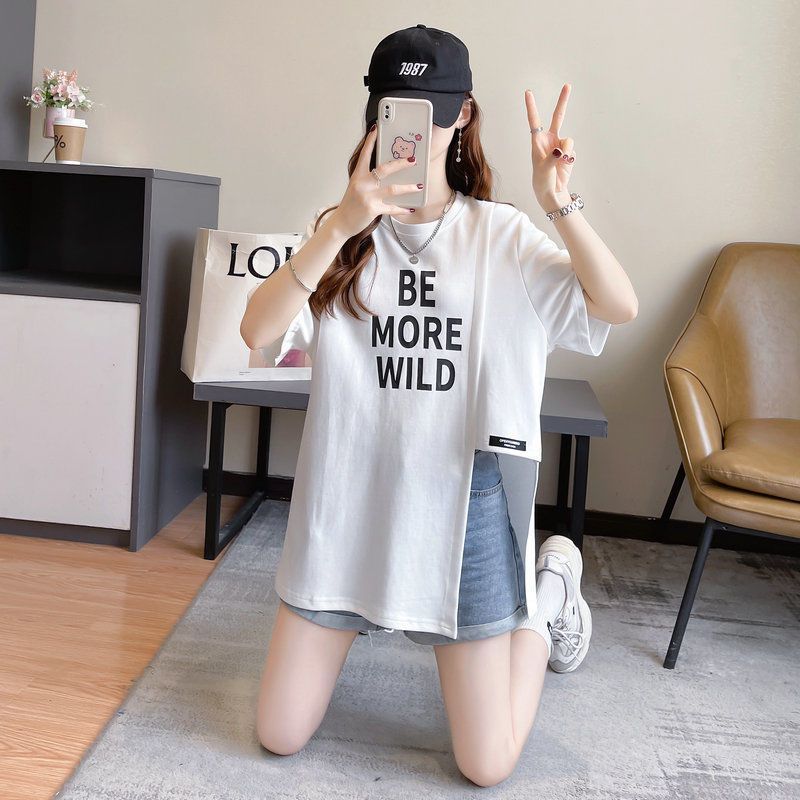 大尺碼字母不對稱開衩短袖T恤 棉花糖女孩寬鬆顯瘦上衣