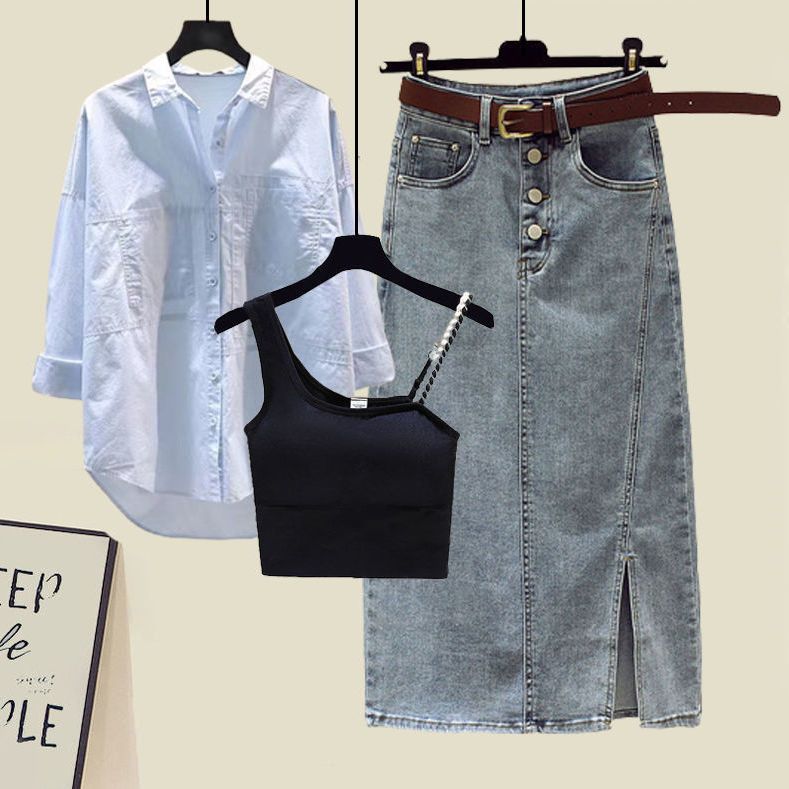 【單品可選】棉花糖救星套組 可拆式三穿機能套組 立體條紋翻領襯衫+美背細肩帶+丹寧半身裙