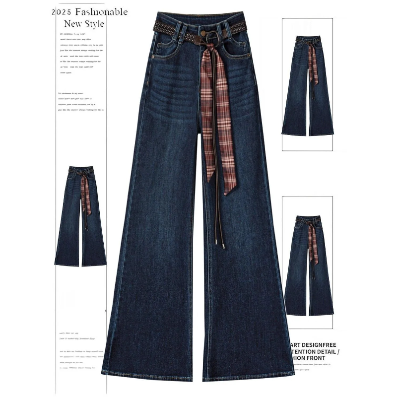 韓系V領針織外套＋高腰寬褲牛仔 兩件套 灰色上衣 綁帶設計