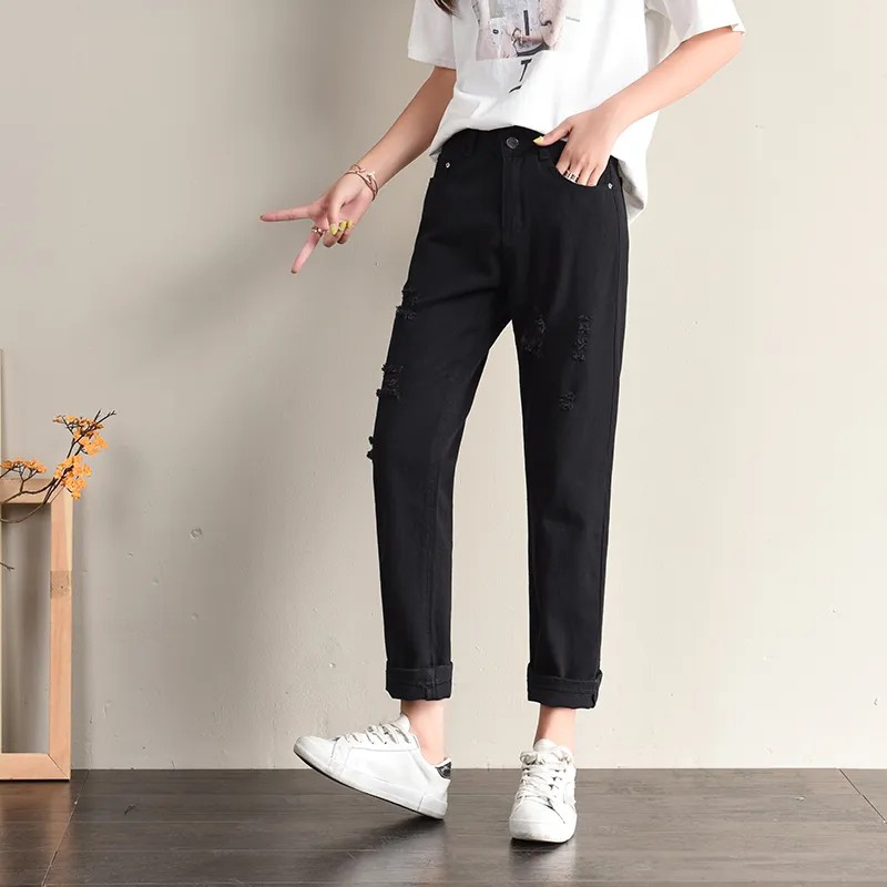 潮流韓妞 高人氣時尚寬鬆破洞顯瘦高腰哈倫九分牛仔褲