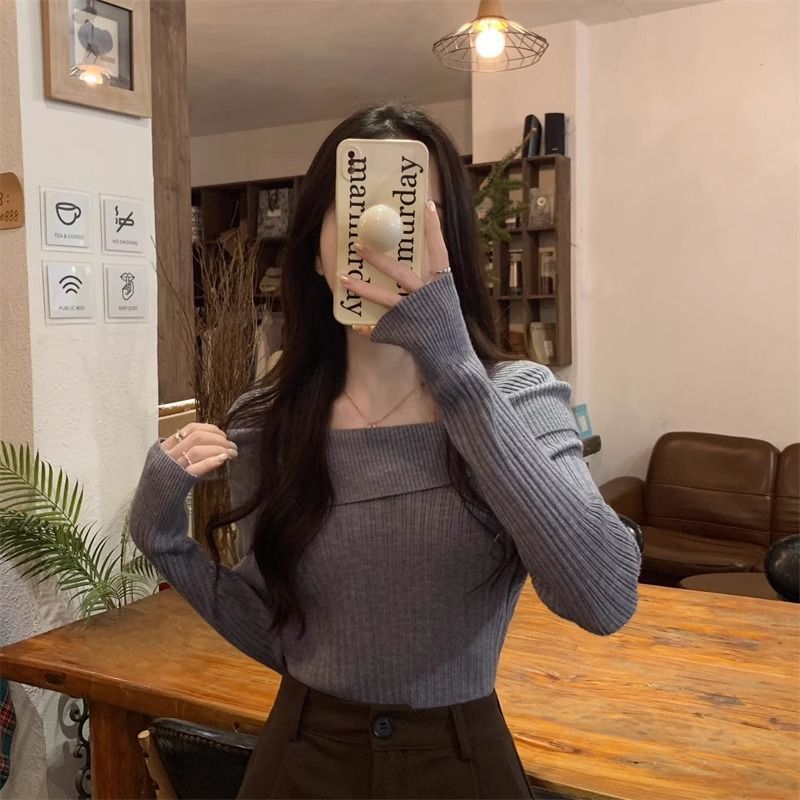 法式一字領針織上衣 春秋長袖 羅紋彈性 韓系慵懶 合身顯瘦