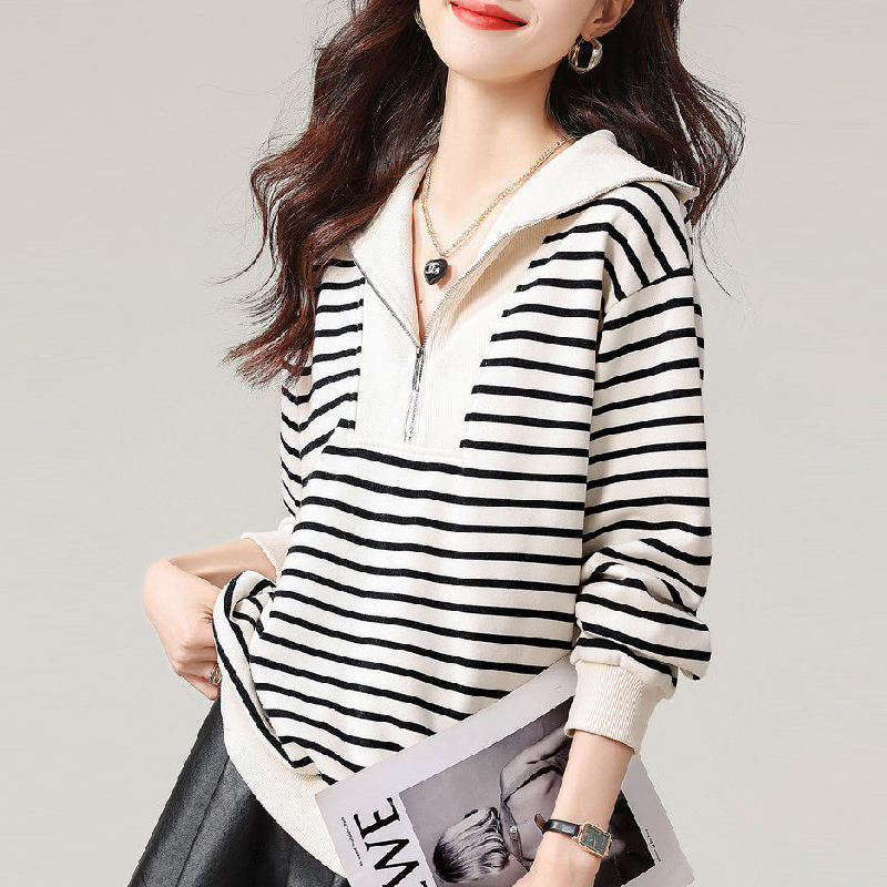 純棉長袖條紋TEE 韓系寬鬆遮肉顯瘦高級感上衣