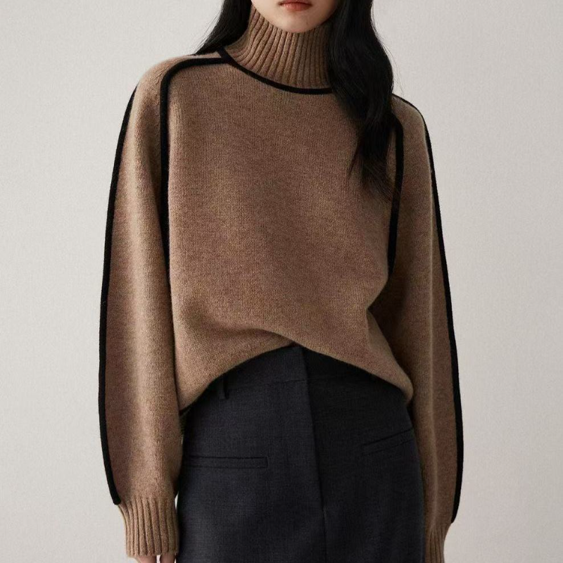 高領插肩針織毛衣 法式感燈籠袖 滾邊設計 寬鬆版型