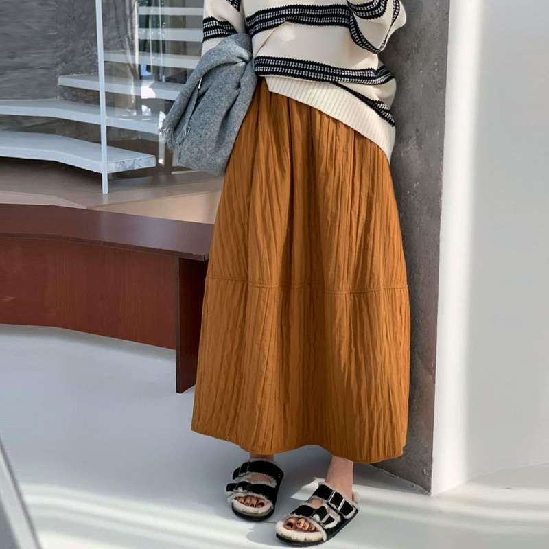 日系皺感寬版長裙 自然垂墜感 百搭半身裙 傘狀剪裁