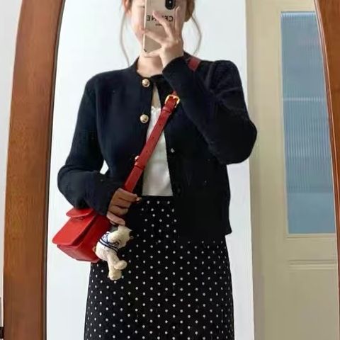 【單品可選】加大黑色小香風套裝 圓點洋裝＋針織開襟外套 兩件式成套 優雅顯瘦