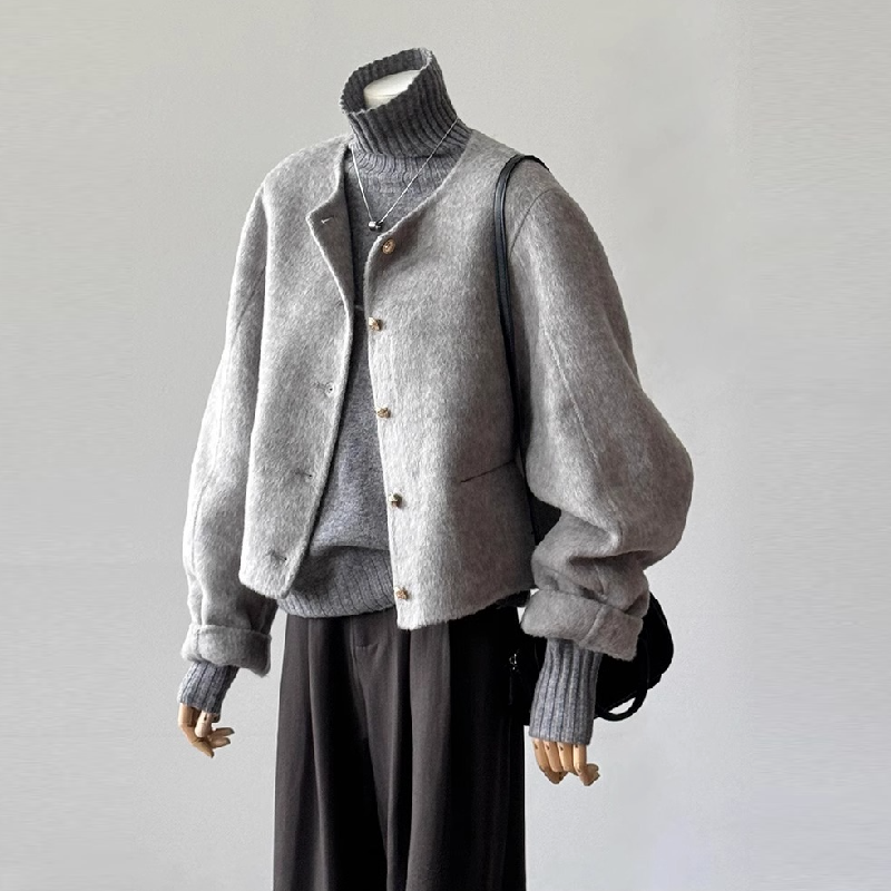 【單品可選】一整套入冬穿搭韓系小香風灰色短款呢料外套+百搭高領毛衣兩件套