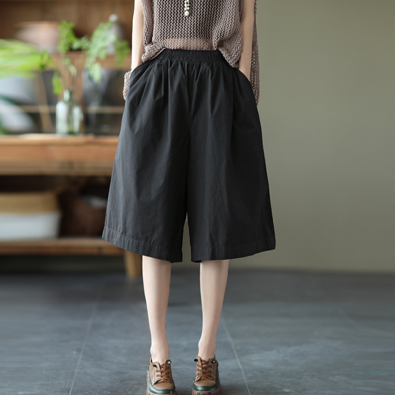 純棉寬版中長褲 鬆緊腰設計 文青休閒風