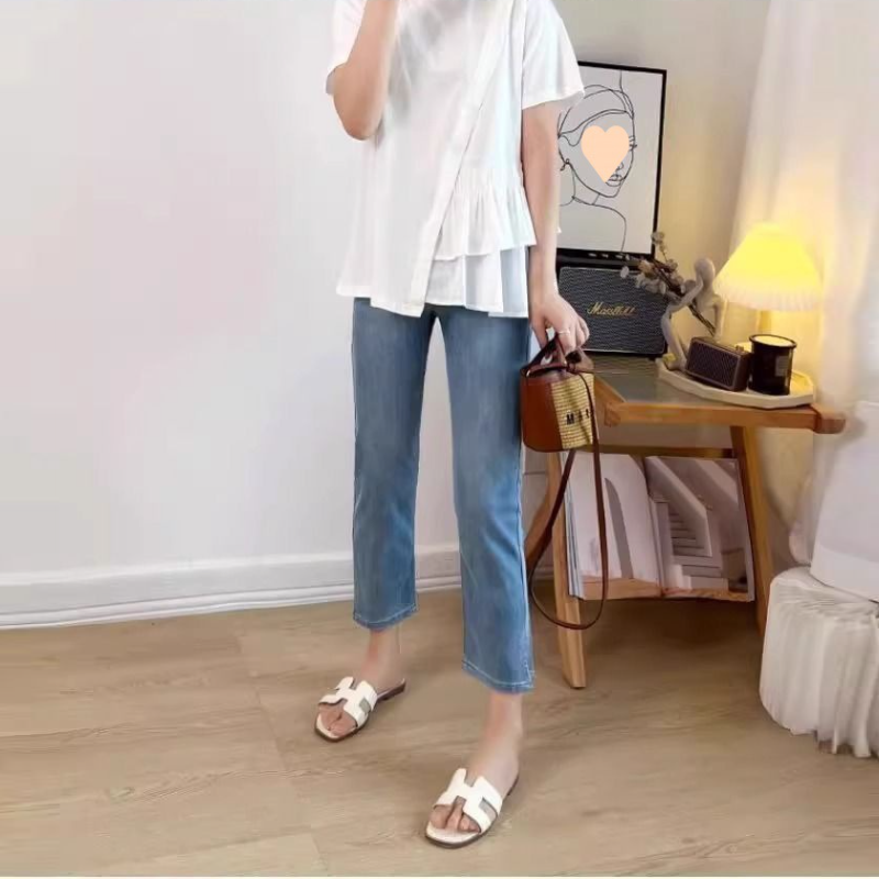 彈性冰絲直筒牛仔褲 九分褲 薄款開叉顯瘦