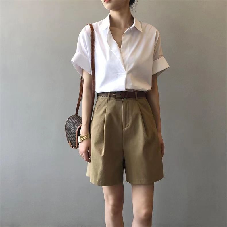 復古夏日V領 蝙蝠袖 通勤顯瘦寬鬆氣質襯衫