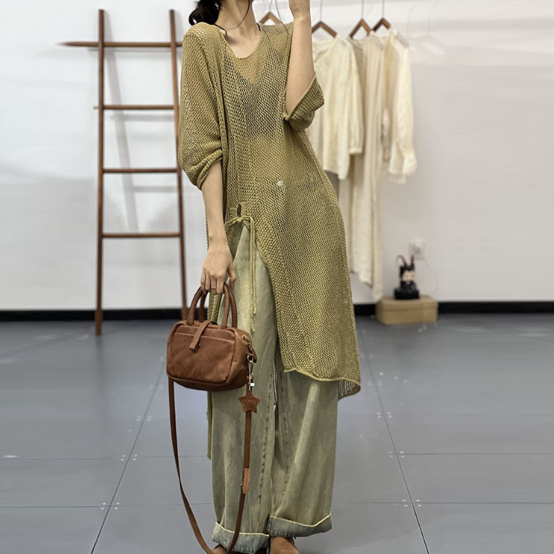 春夏鏤空針織裙罩衫 文青風中長版連身裙 慵懶休閒感穿搭