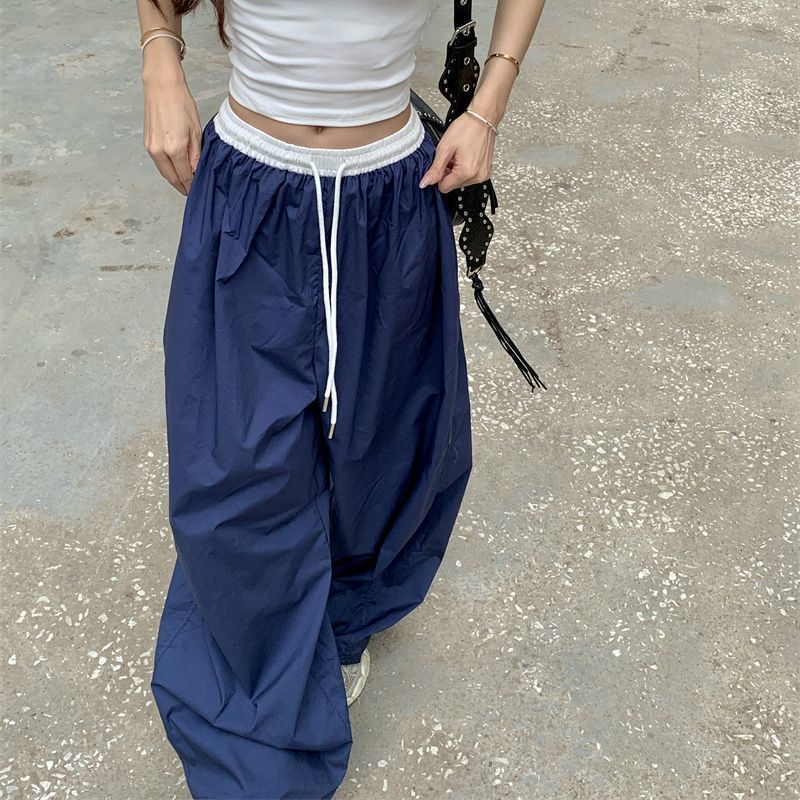 韓系·薄款抽繩工裝寬褲 復古拼接高腰寬鬆休閒褲