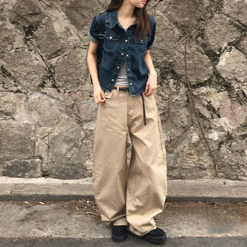 復古牛仔短袖襯衫 雙口袋設計 美式休閒上衣