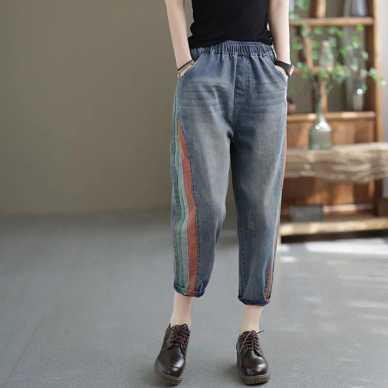 牛仔拼接撞色九分褲 寬鬆好搭 鬆緊腰哈倫版