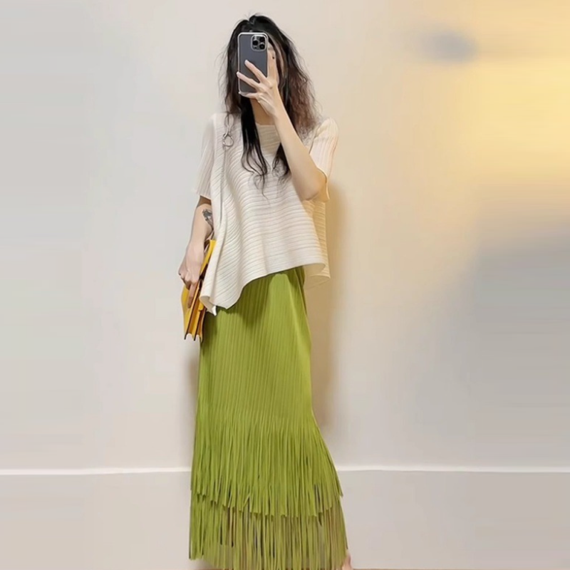 清新壓褶流蘇長裙套裝 氣質輕熟風 薄荷綠穿搭 半身裙兩件式