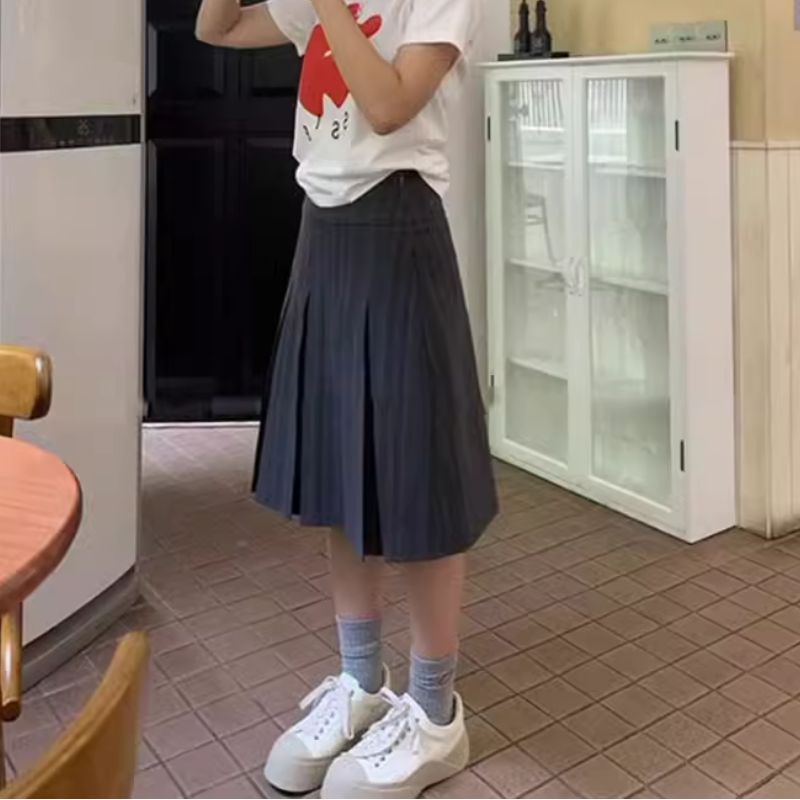 條紋百褶A字裙 高腰顯瘦 中長裙 韓系百搭