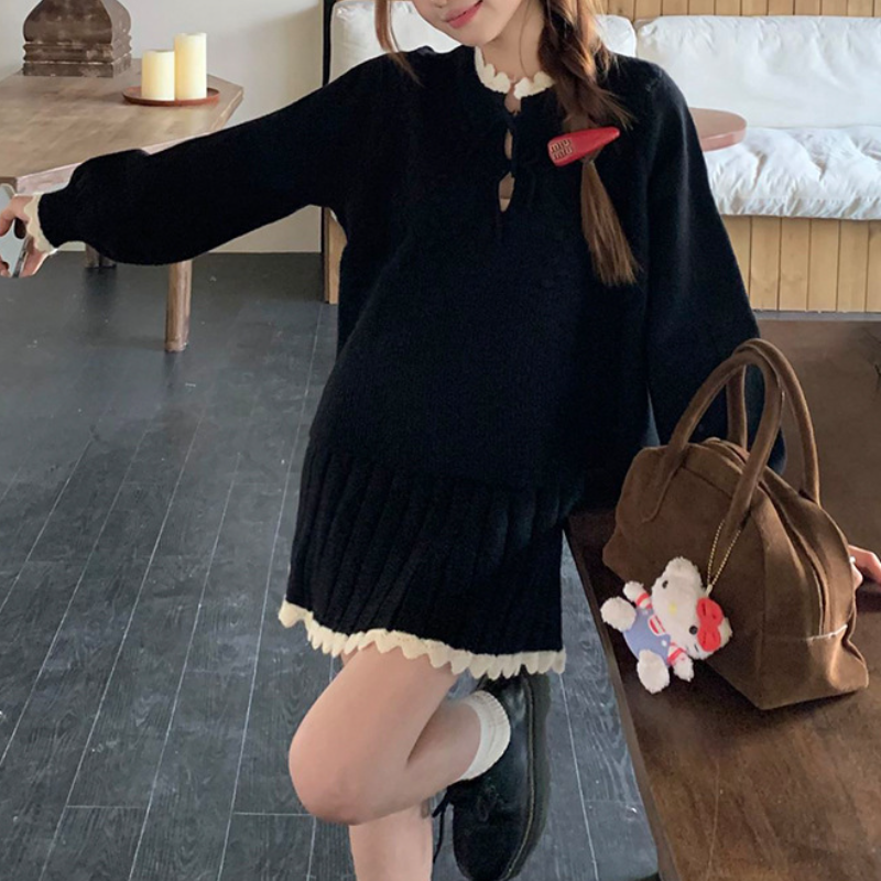 溫柔系針織套裝 蝴蝶結織紋上衣＋百褶裙 兩件式 顯瘦減齡