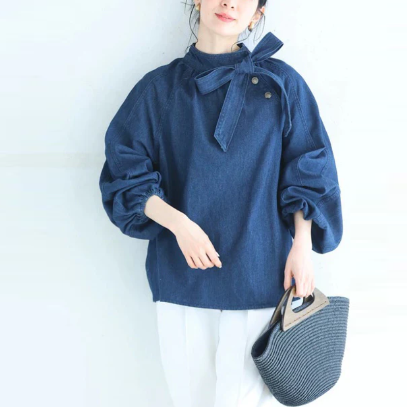 牛仔系帶蝴蝶結襯衫 燈籠袖設計 百搭丹寧上衣