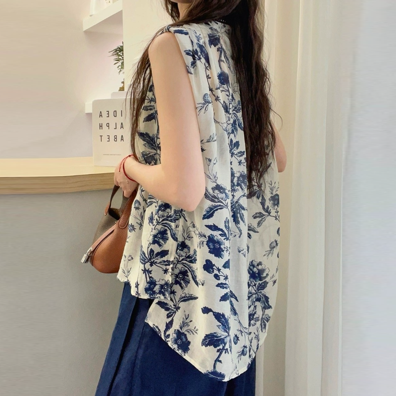 復古印花V領襯衫 設計感文青風無袖上衣