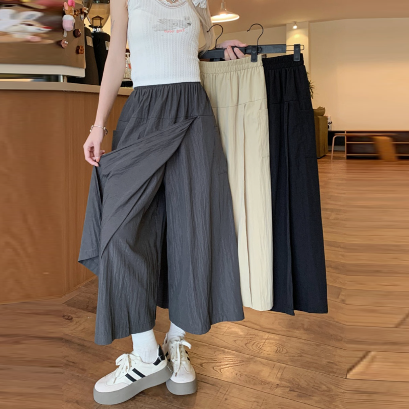 甜酷美式工裝冰絲褲裙 鬆緊腰不卡小腹 山本夏季高腰A字開叉半身裙