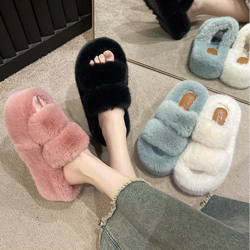 軟萌毛毛雙寬帶拖鞋*5色(到42碼)