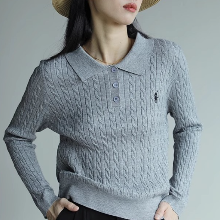 復古灰色翻領刺繡針織衫 通勤麻花毛衣顯瘦上衣