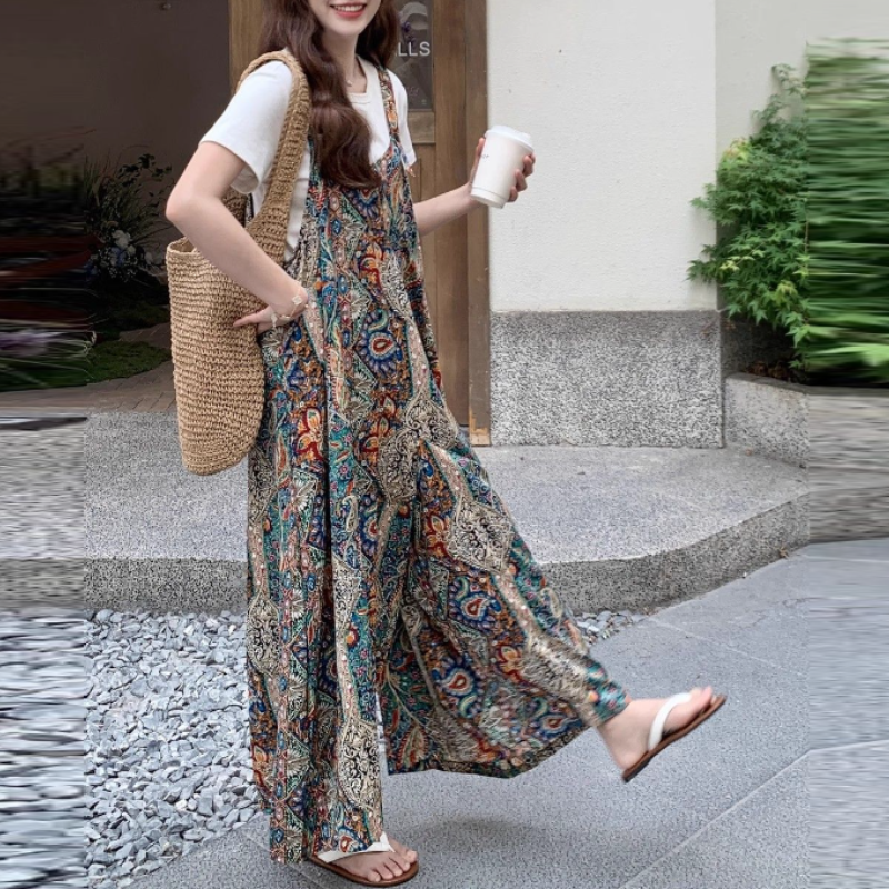 波西米亞拼接印花連身寬褲 復古百搭背帶式寬褲設計款