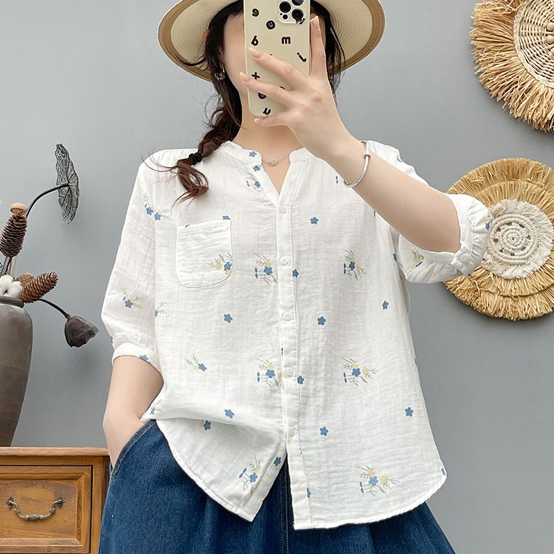 碎花雙層棉紗襯衫 中袖設計 寬鬆舒適 文青風上衣