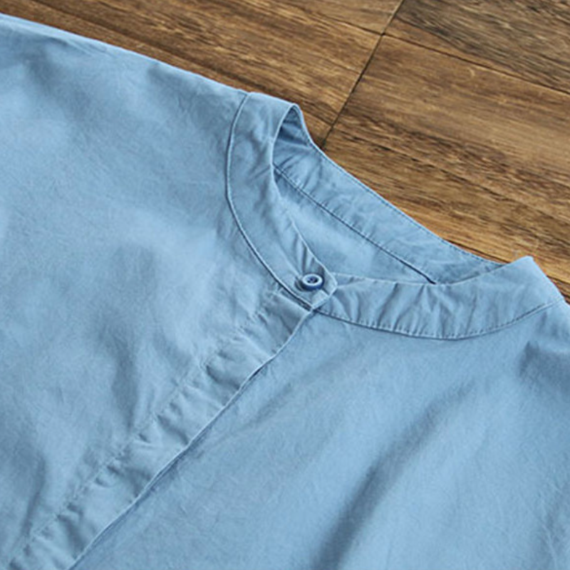 高腰剪裁長袖襯衫 遮小腹顯瘦收腰設計 逆齡感立領氣質上衣