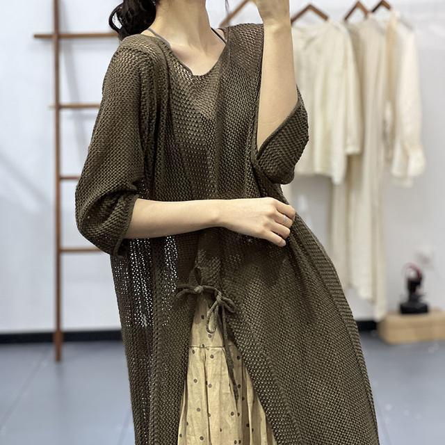 春夏鏤空針織裙罩衫 文青風中長版連身裙 慵懶休閒感穿搭