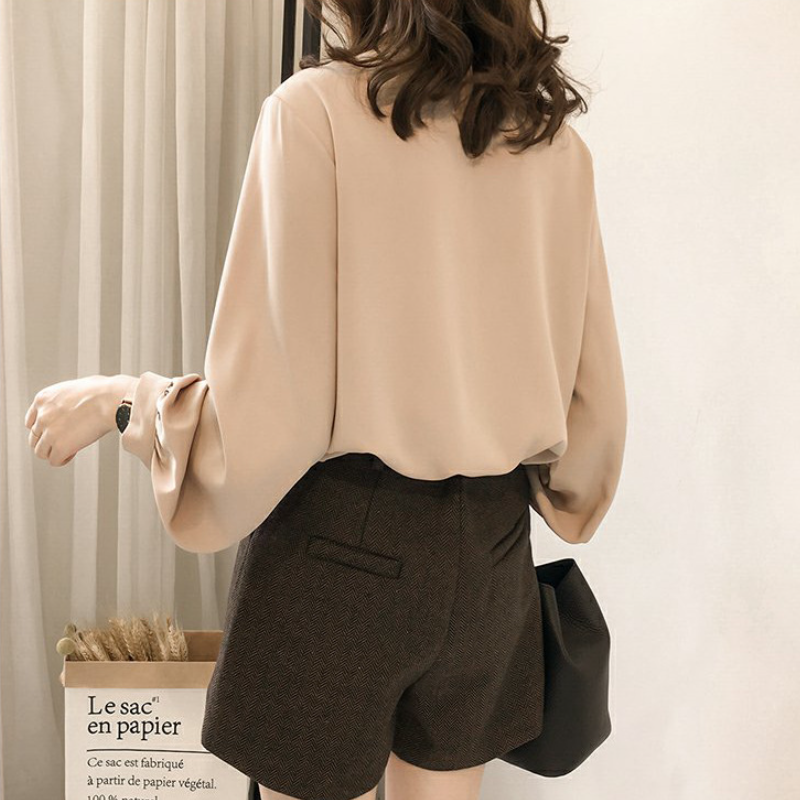 韓版燈籠袖氣質優雅襯衫-秋季通勤純色寬鬆大尺碼長袖上衣