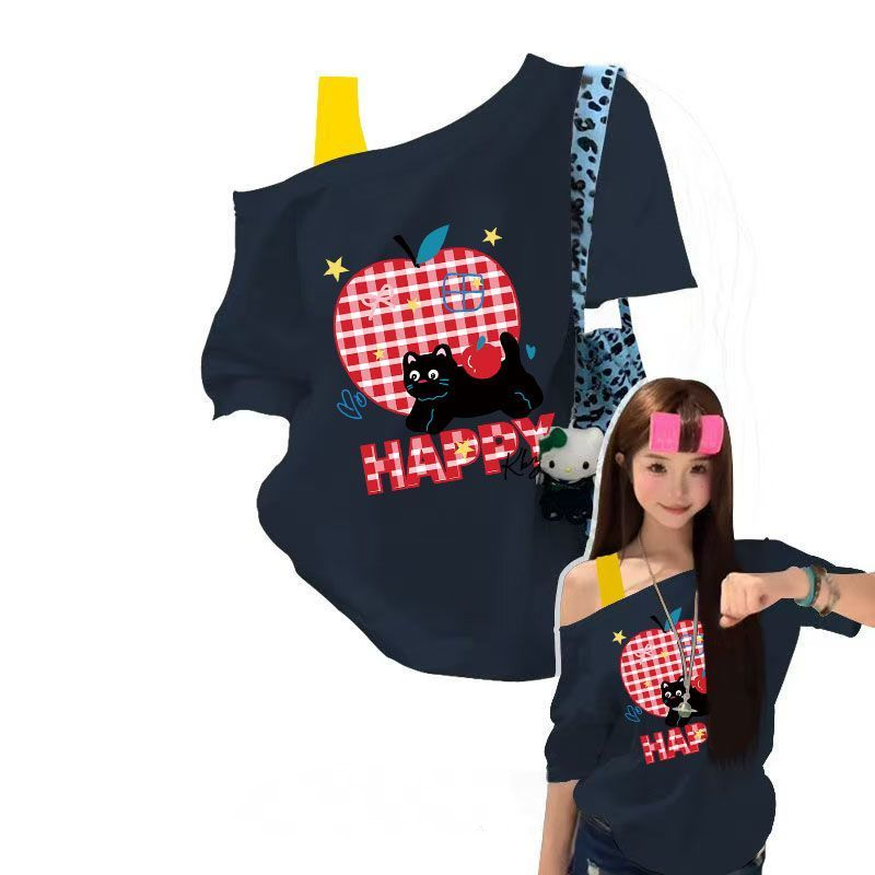 美式蘋果印花斜肩假兩件短袖T恤 寬鬆休閒百搭款