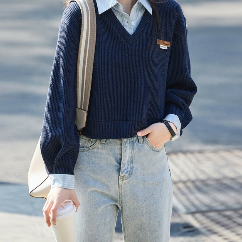 翻領條紋針織拼接假兩件上衣 休閒剪裁 春秋百搭款