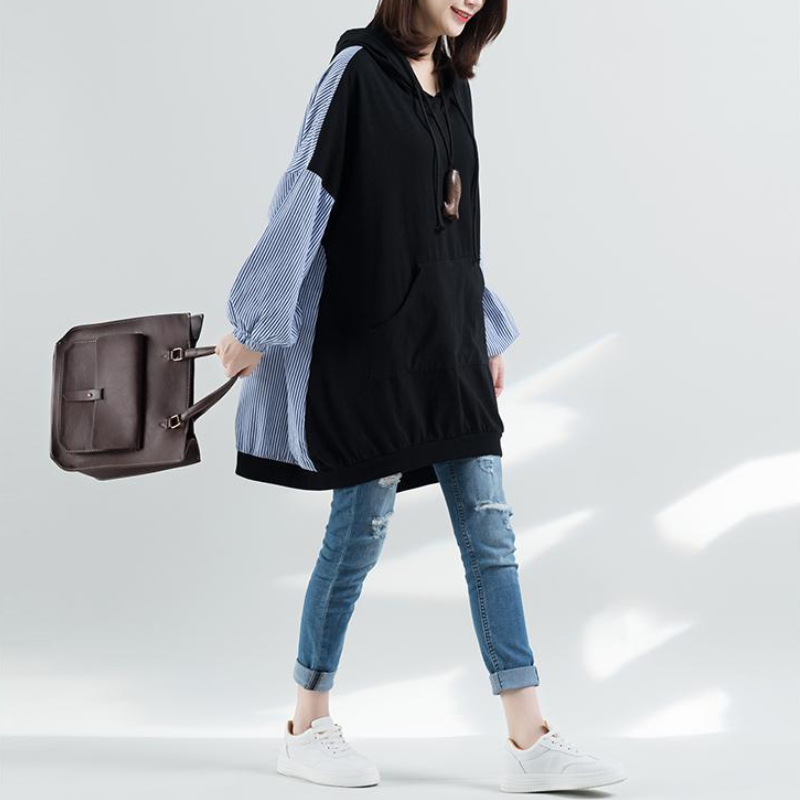 大尺碼秋季洋氣連帽上衣 拼接格紋連帽連身裙 拼接洋裝